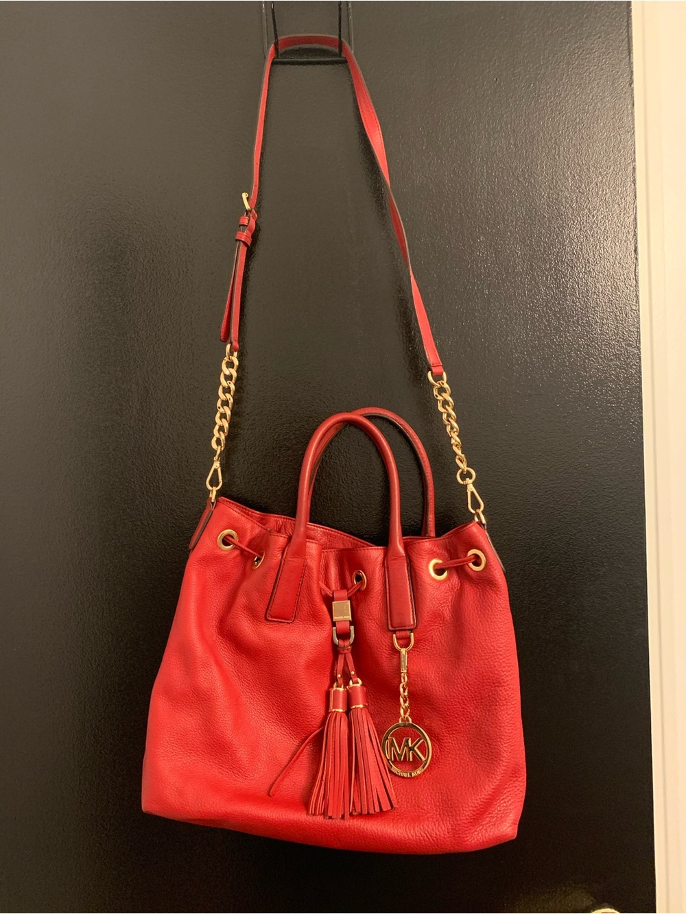 Michael Kors Red Leather Tassel Drawstring Shoulder Bag